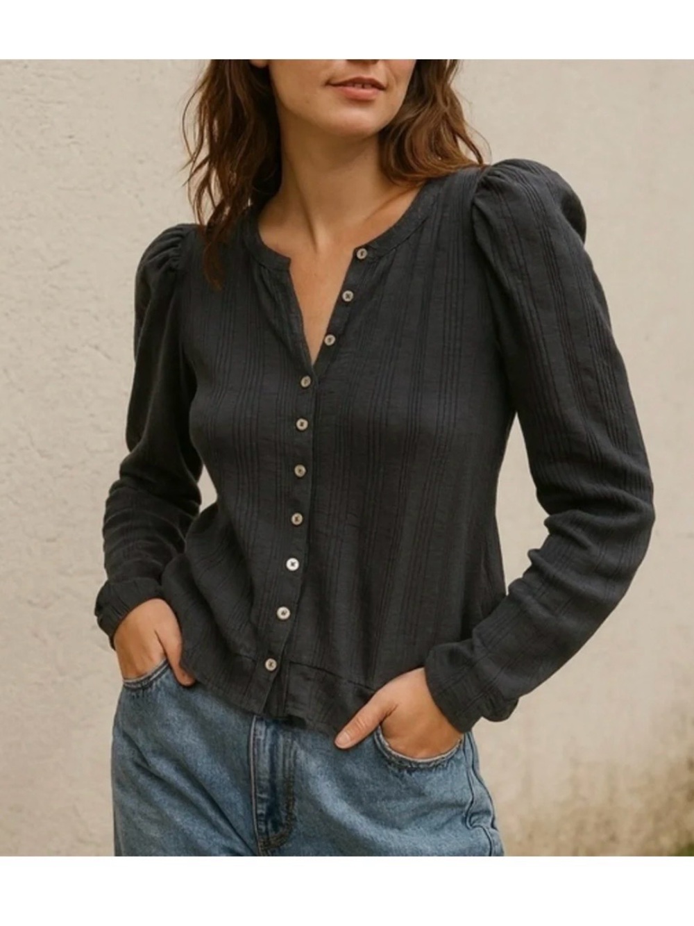 pilcro button front puff shoulder long sleeve top